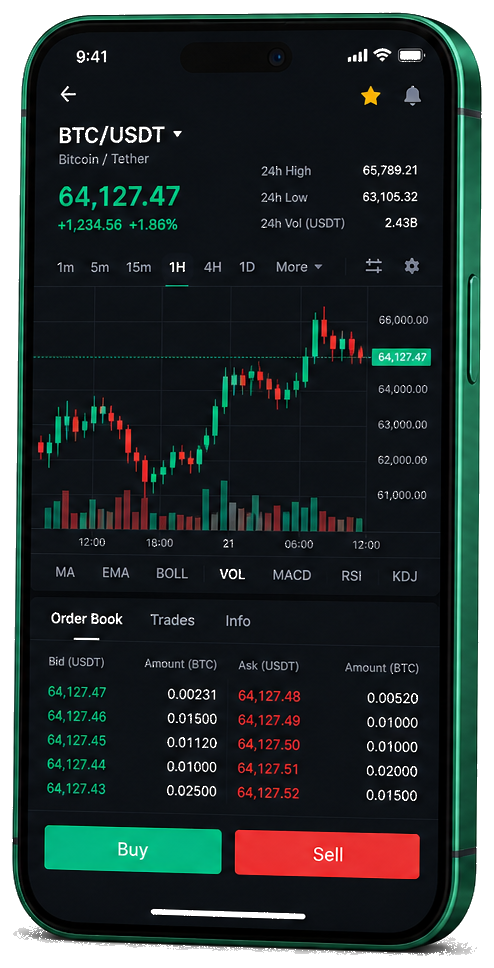 Aplicación móvil de Legacy Bitfundex para trading con gráficos en vivo de BTC/USDT, libro de órdenes y panel de control de operaciones
